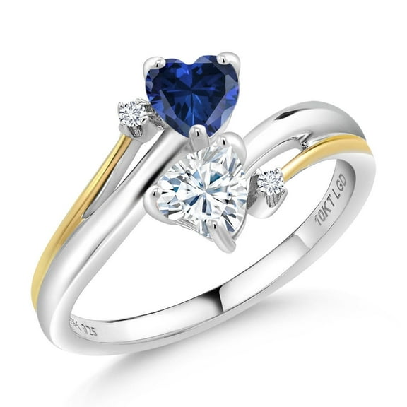 Gem Stone King 925 Silver and 10K Yellow Gold Ring Heart Shape Blue Created Sapphire and Moissanite (0.94 Cttw, Size 9)
