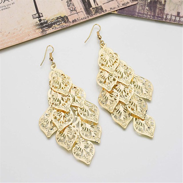 Pendientes de hojas huecas Pendientes colgantes largos en capas Accesorios bohemios para mujeres (plata) ZefeiWu 8390611589226