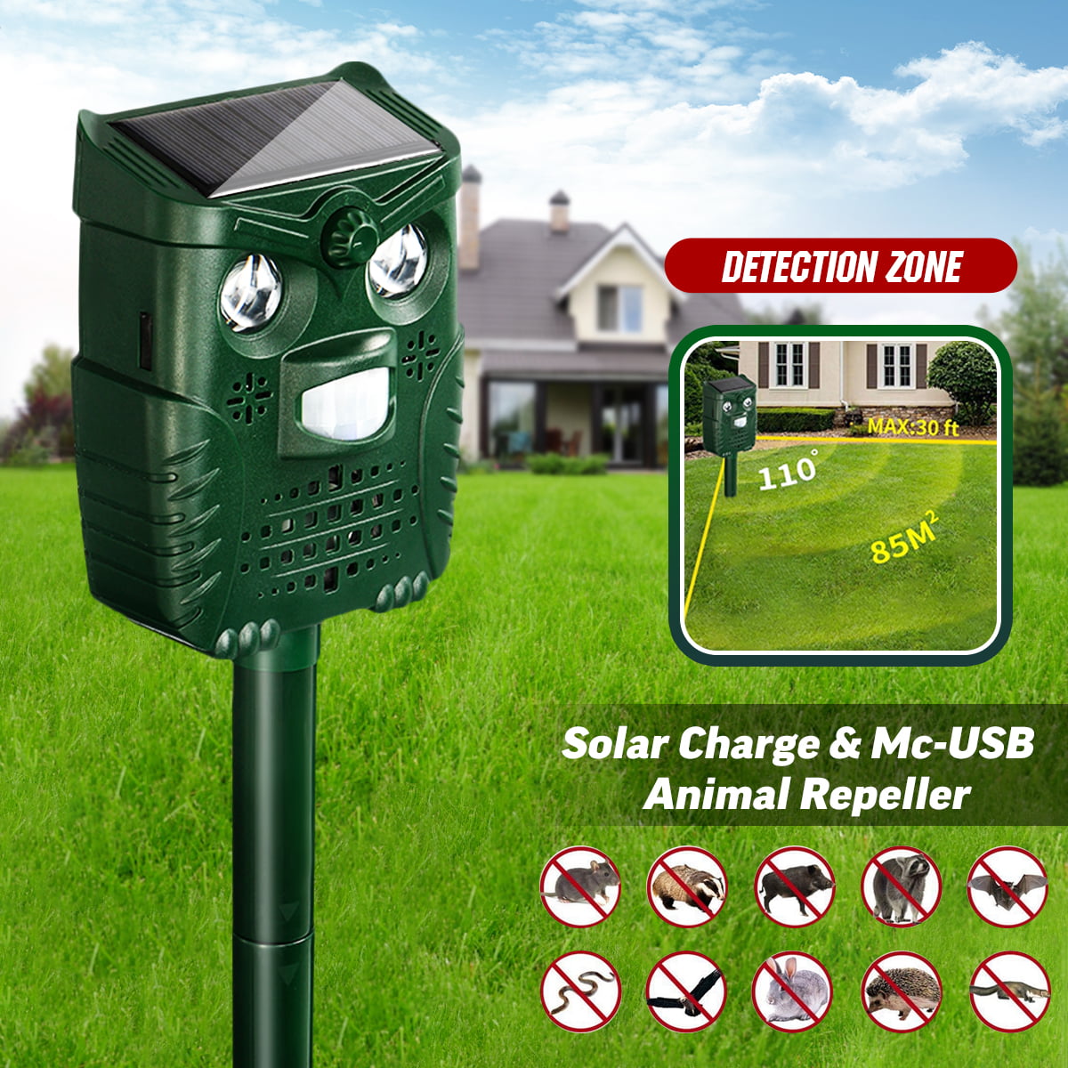 Outdoor Ultrasonic Pest Animal Repeller For Yard Garden House Cat Dog 