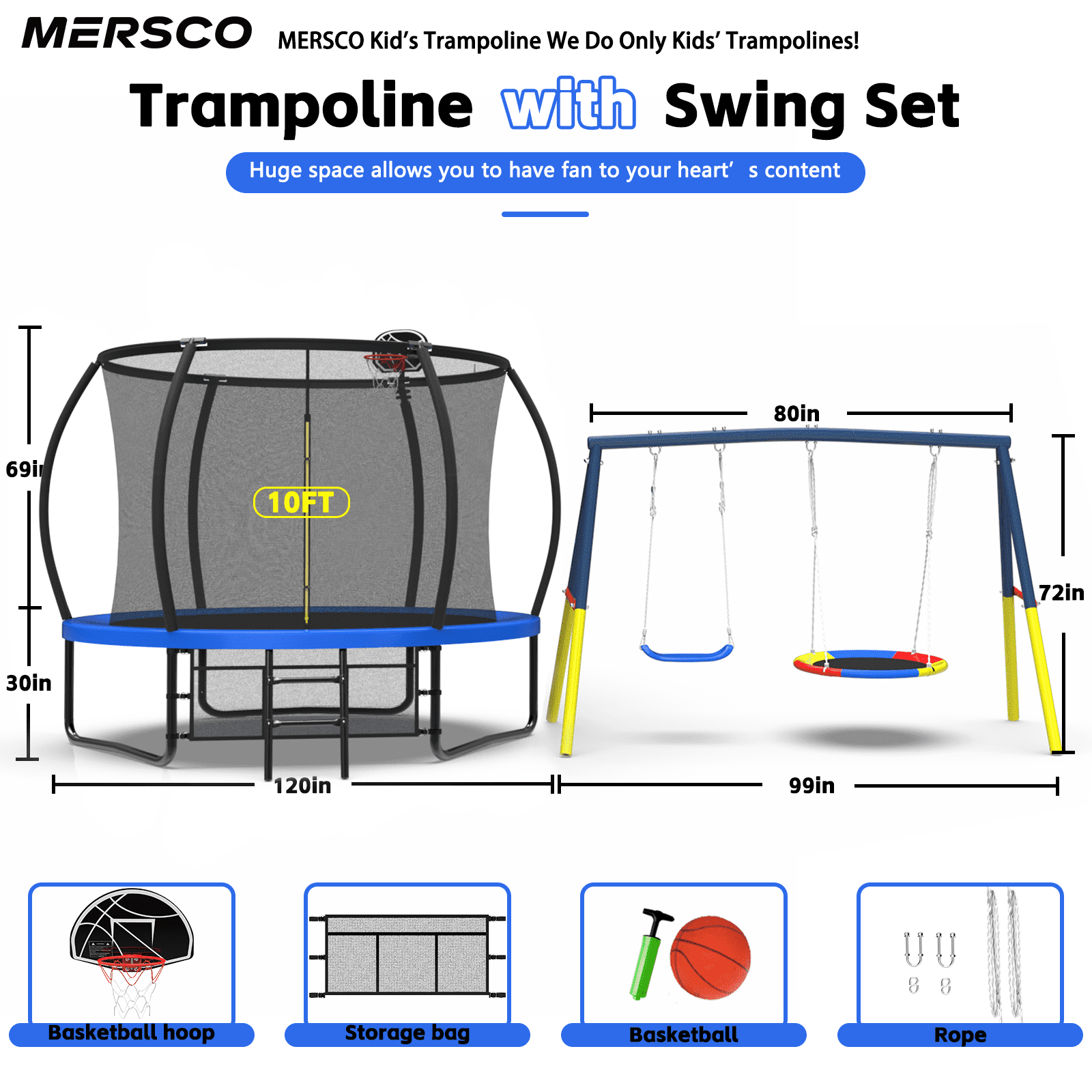 Mersco 10FT Heavy Duty Trampoline with Enclosure Net ,Swing Set Outdoor Big Trampoline for Backyard, Kids Trampoline with Basketball Hoop,Kids Birthday and Festival Gifts,Blue