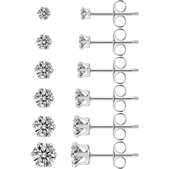 Stainless Steel Stud Earrings Set Hypoallergenic Cubic Zirconia 14K White Gold CZ Earrings for Women