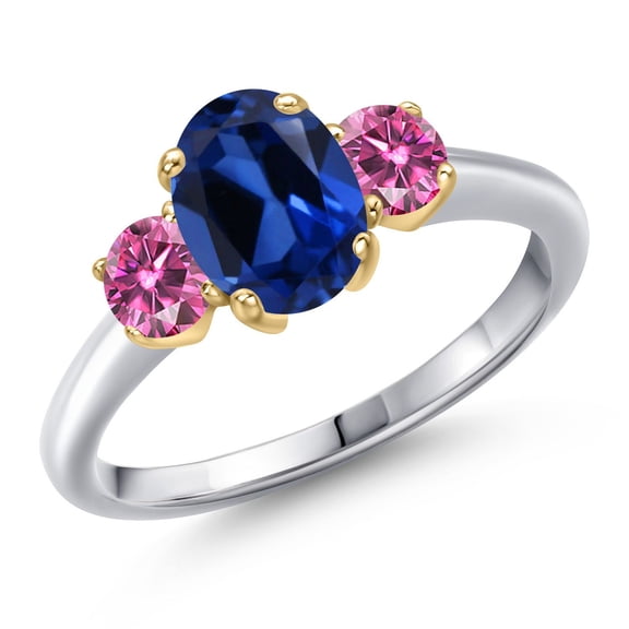 Gem Stone King 10K Two Tone Gold Blue Created Sapphire and Pink Moissanite Engagement Ring for Women | 2.06 Cttw | Oval 8X6MM | Gemstone September Birthstone | Size 7