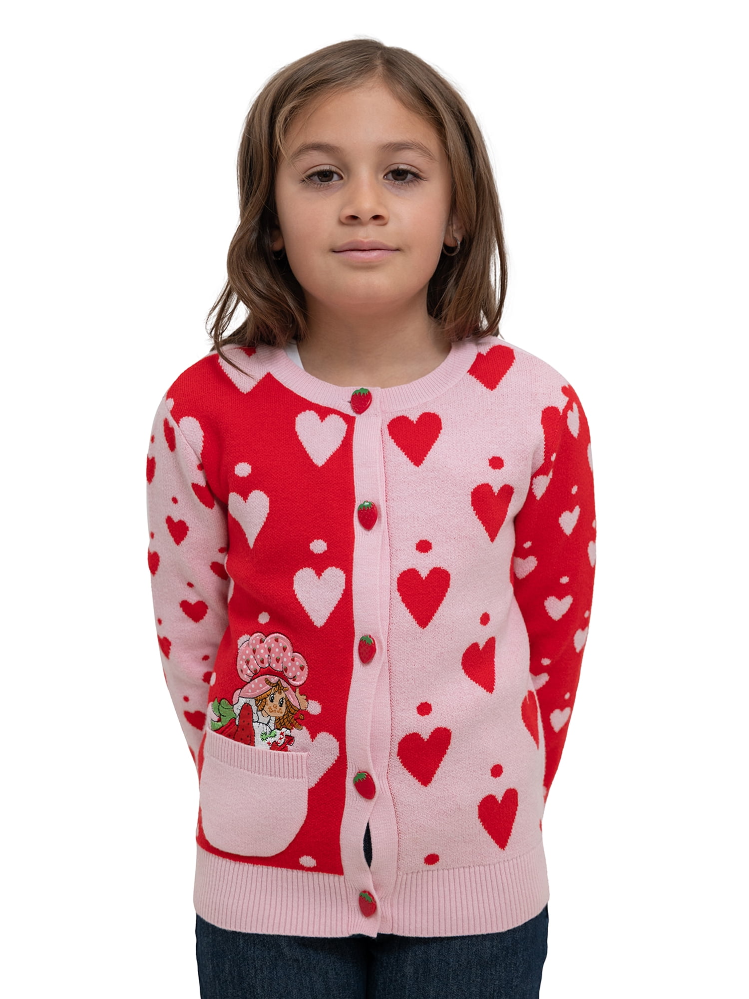 Strawberry Shortcake Girls' Button Front Crewneck Long Sleeve Cardigan with Front Pocket, Size XS-XL