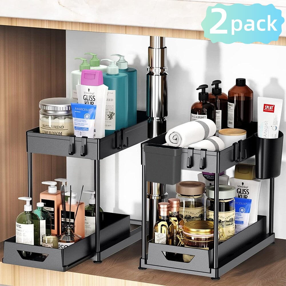 Uncahome 2 Pack Under Sink Organizer, Under Bathroom Cabinet Organizer with Hooks Hanging Cup, Multi-Purpose Storage Shelf for Kitchen Bathroom, Black