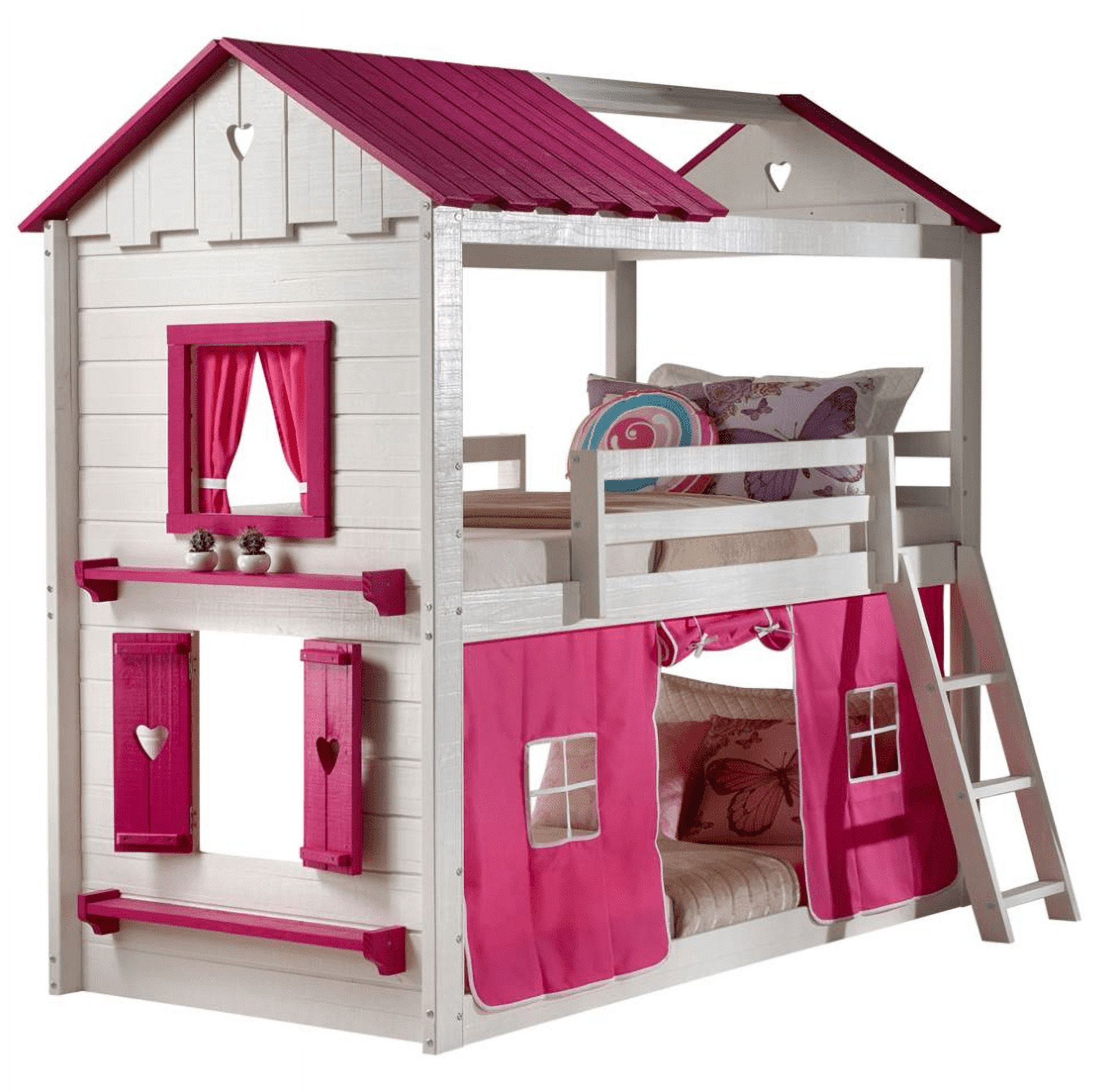 Donco Kids Sweetheart Twin over Twin House Bunkbed with Pink Tent, Twin over Twin, White & Pink