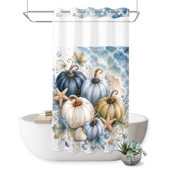 No Hook Shower Curtain, Coastal Pumpkins Fall Shower Curtains for Bathroom with See Through Top Window, Blue Starfish Beach Thanksgiving Waterproof & Washable Bath Curtain Stand Up Stall 36"x72"