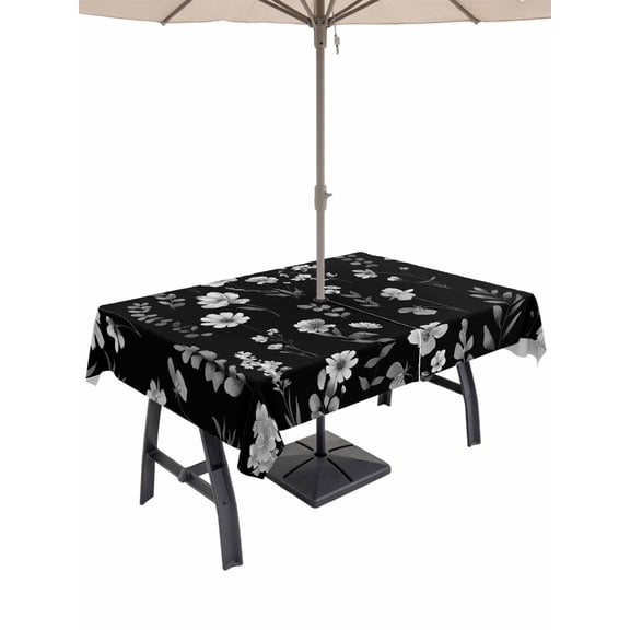 Outdoor Tablecloths with Umbrella Hole & Zipper, Black Spring Floral 60 x102 Inch Rectangle Tablecloths, Flowers Botanical Elegant Pastoral Waterproof Table Cloth, Patio/Pool/Picnic Table Covers