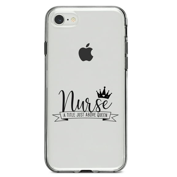 DistinctInk Clear Shockproof Hybrid Case for iPhone 7 8 SE (2020 Model) 4.7" Screen TPU Bumper Acrylic Back Tempered Glass Screen Protector - Nurse - Title Just Above Queen - Black