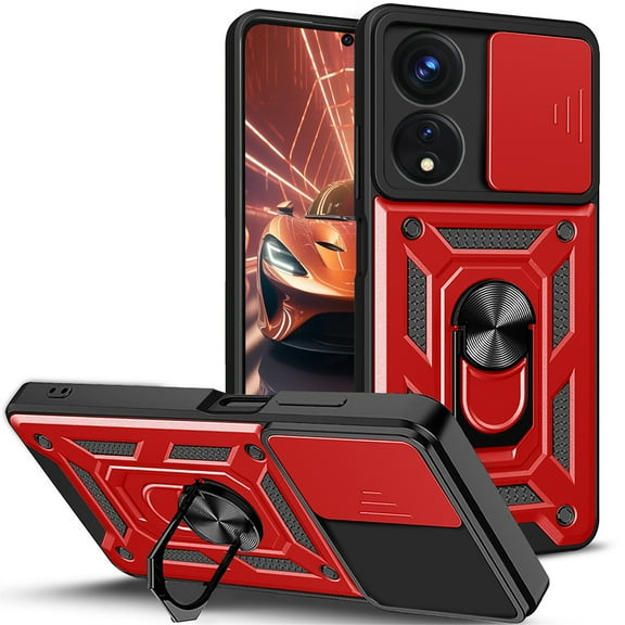CCSmaller for Oppo A78 4G Case with Slide Camera Cover for Men, Military Grade Drop Phone Cover Case with Rotate Ring Kickstand for Oppo A78 4G SJ Red