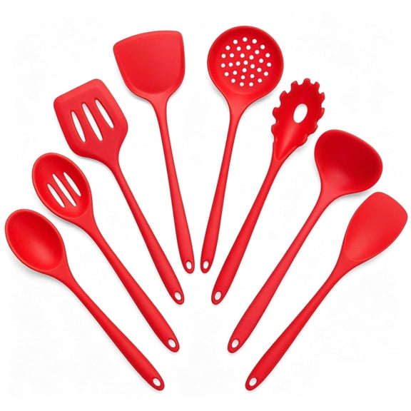 8 Piece Silicone Cooking Utensils Set, Red Kitchen Utensils with Spatula,Turner, Slotted Spoon, Pasta Server, Soup Ladle, Kitchen Gadgets Tools Sets for Non-Stick Cookware