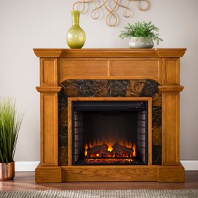 Addao Corner Electric Fireplace With Faux Stone Buckey Oak