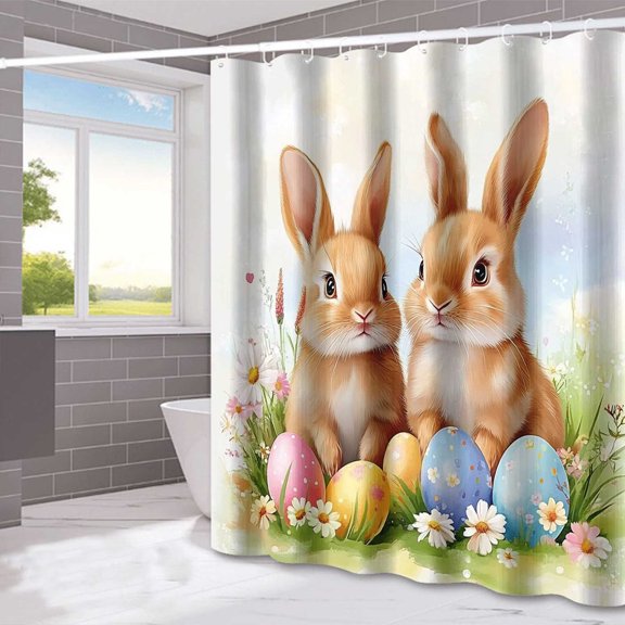 KCEHTA Easter Shower Curtain Colorful Bunny Rabbit Spring Floral Bathroom Shower Curtain with Hooks