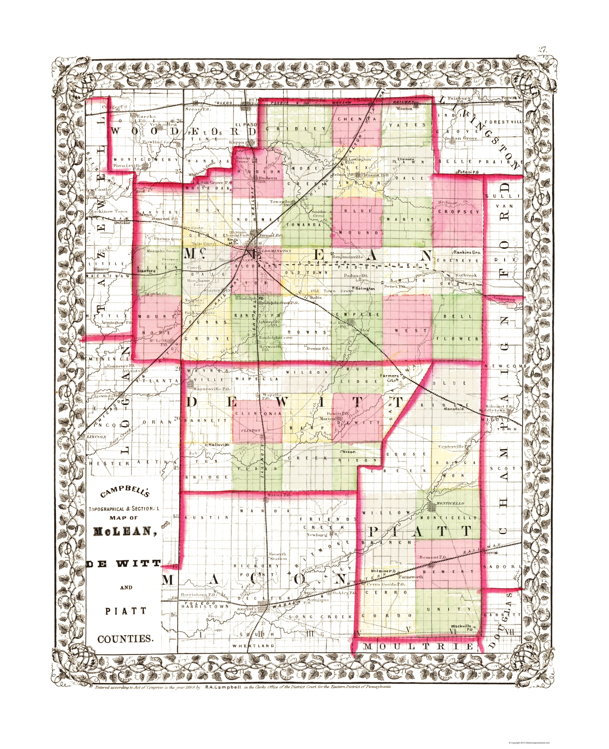 Mclean Piatt DeWitt Counties Illinois Campbell 1870 23.00 x 28.24