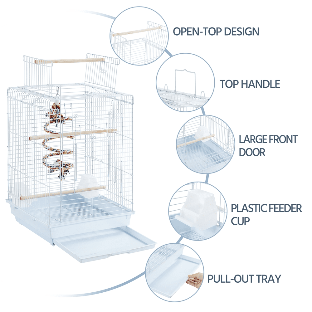 Yaheetech 23" H Small Travel Bird Cage with Open Play Top and Feeder, White