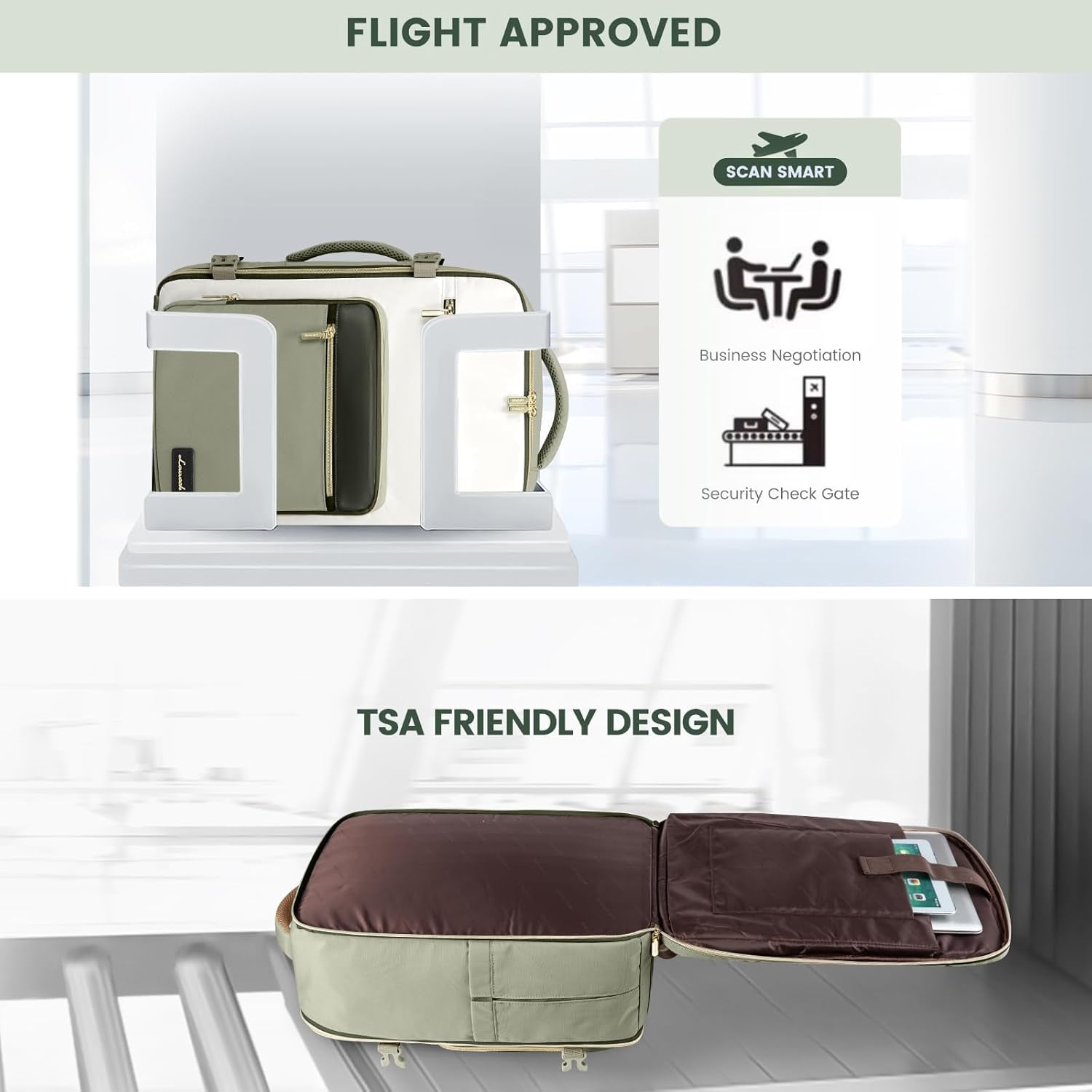 LOVEVOOK Travel Backpack For Women,50L Carry On Backpack Flight Approved,TSA Personal Item Travel Bag Fits 18 Inch Laptop,Business Weekender Overnight Daypack with Toiletry Bag and Cube,White brown
