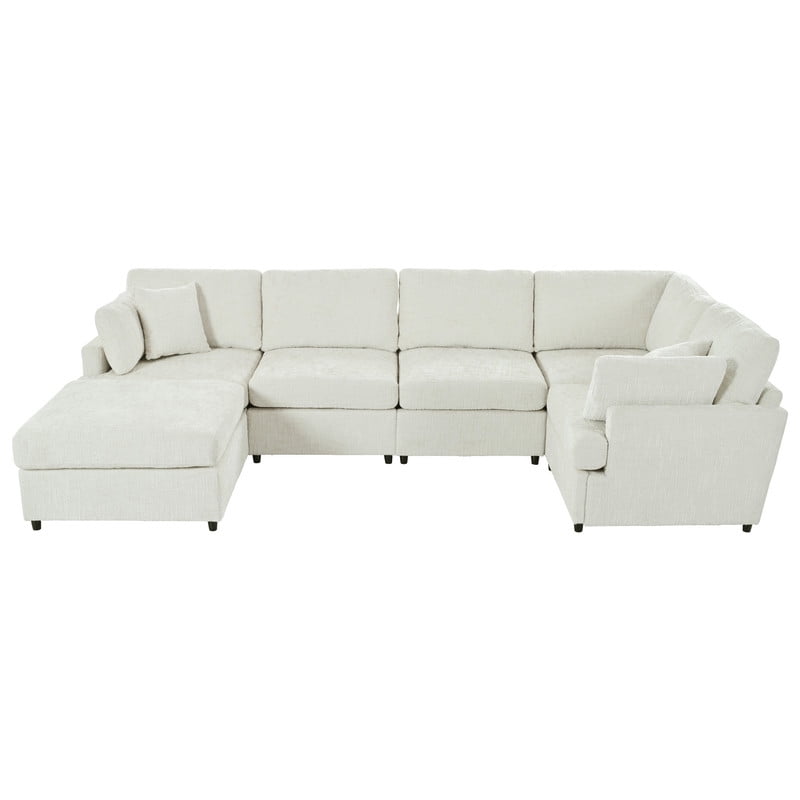 127" U-Shaped Modular Sectional Sofa with Movable Ottoman, 6-Piece Chenille Fabric Couch, Convertible Corner Sofa with Pine Wood Frame, Modern Deep Seat Sofa Set for Living Room & Apartment
