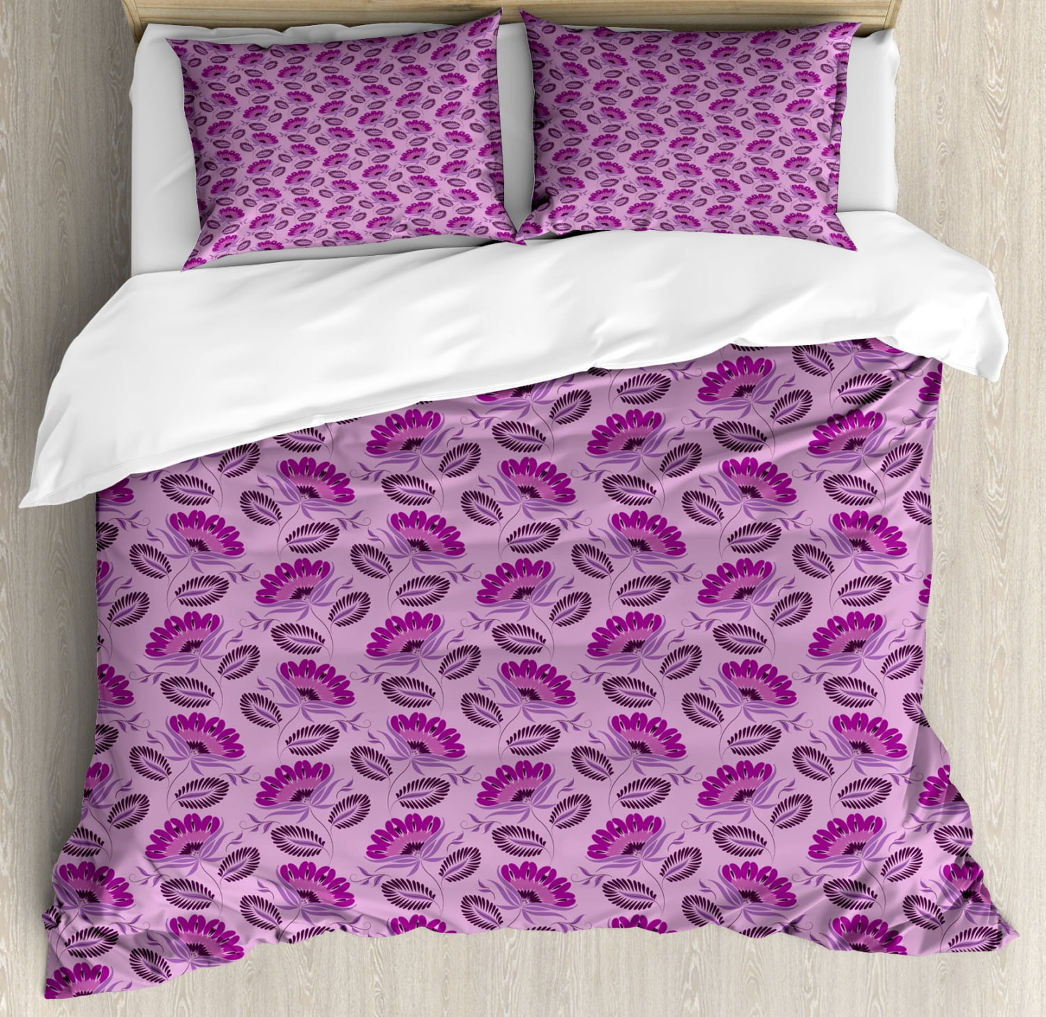 Purple Duvet Cover Set, Floral Composition Damask Inspired Illustration