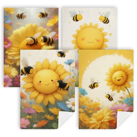 summer bathroom towels A group of bees flying around a yellow flower dish towels cute Pack of 4 16 x 24 Inches kitchen decir