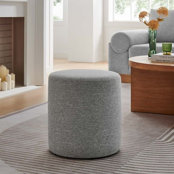 Callum 16" Round Woven Heathered Fabric Ottoman in Heathered Weave Light Gray