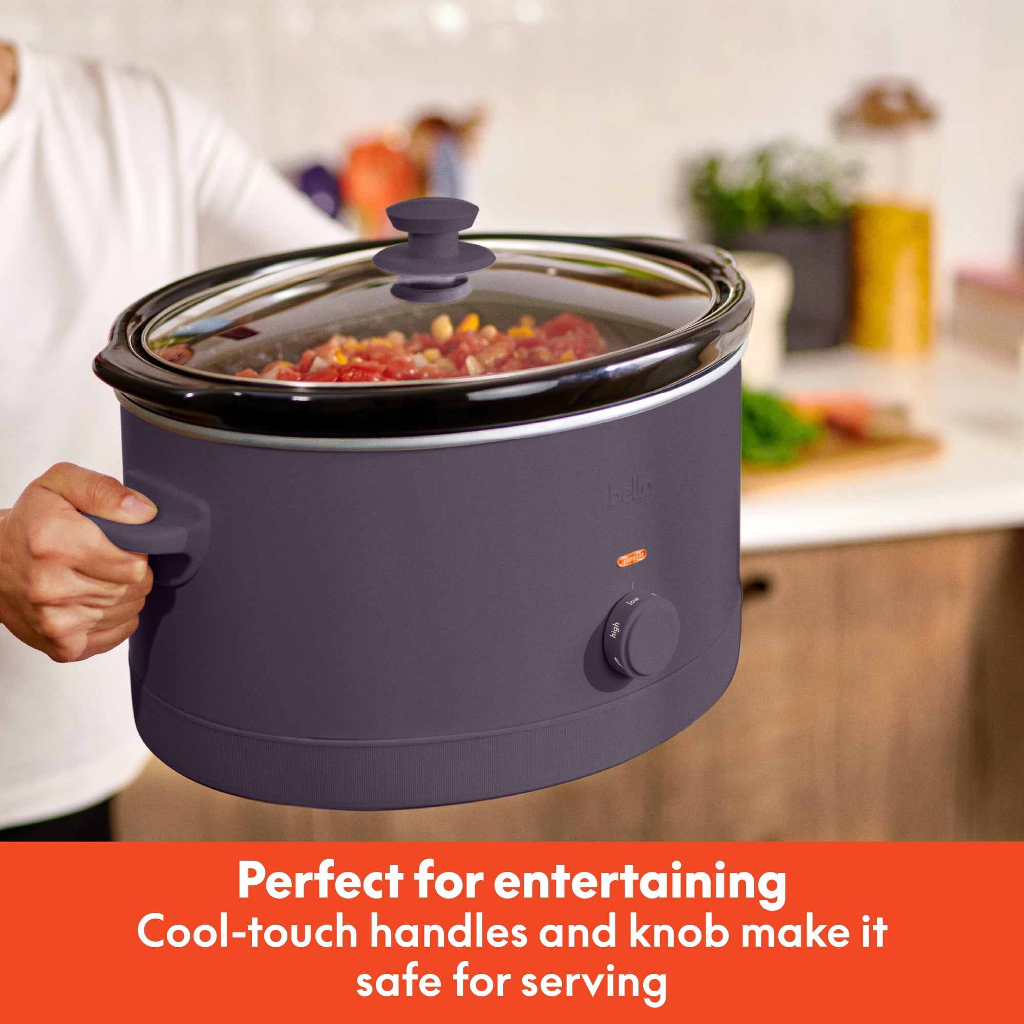 bella 6 Qt Manual Slow Cooker with 3 Temperature Settings, Ceramic Nonstick Coating, Dishwasher Safe Stoneware Pot & Tempered Glass Lid, Plum