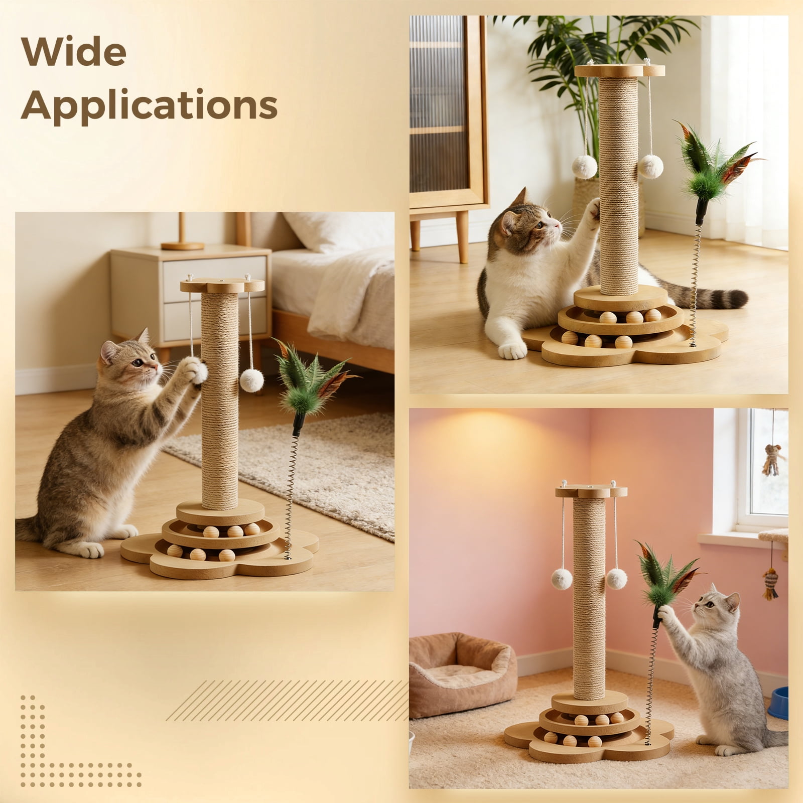 18.1 in Solid Wood Cat Scratching Post with Sisal-Covered, Rolling Balls, and Feather Teaser - Interactive Cat Scratcher for Play, Scratch, and Rest, Protects Furniture