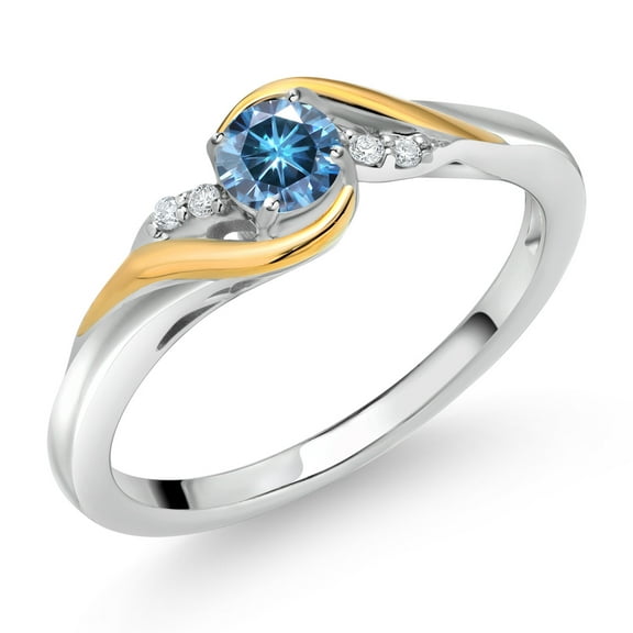 Gem Stone King 925 Sterling Silver and 10K Yellow Gold Round Persian Blue Moissanite and White Lab Grown Diamond Engagement Ring for Women (0.26 Cttw, Gemstone Birthstone, Size 6)