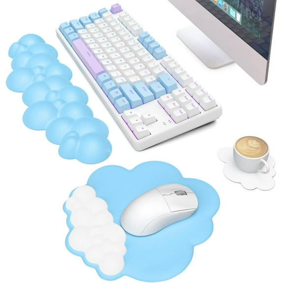Cloud Mouse Pad Wrist Support Keyboard Wrist Rest Set with Ergonomic Memory Foam,Non-Slip Base,Cloud Coasters for Home,Office,Laptop,Desktop Computer,Easy Typing Pain Relief Blue/White