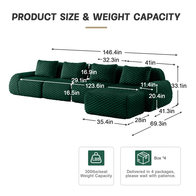 146" Modern L-Shaped Modular Sectional Sofa for Living Room,Flannelette Fabric,Oversized 4-Seater Couch,boneless sofa ,Movable Ottoman,Buckle connection,Anti-slip Design,No Assembly,Green