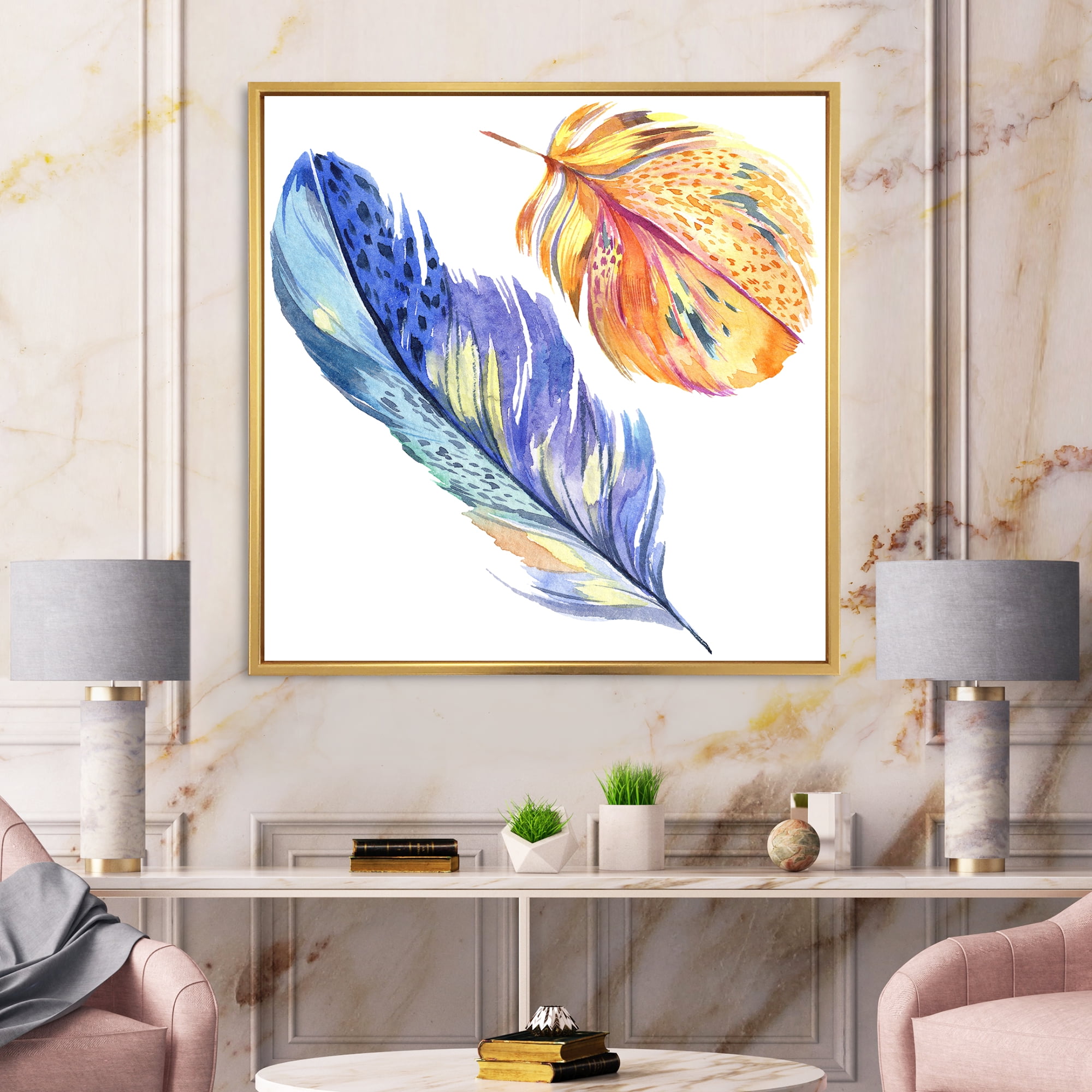 Designart 'Colorful Blue and Golden Bird Feather From Wing' Bohemian & Eclectic Framed Canvas Wall Art Print
