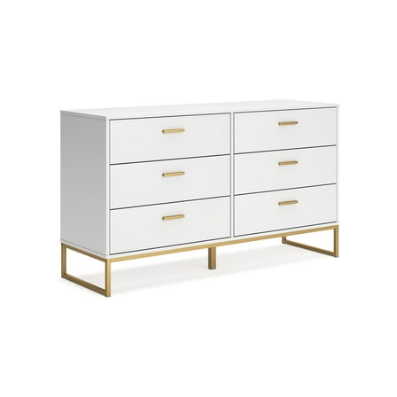 Signature Design by Ashley Socalle 6 Drawer Dresser, White with Goldtone Hardware, Modern Chic Style