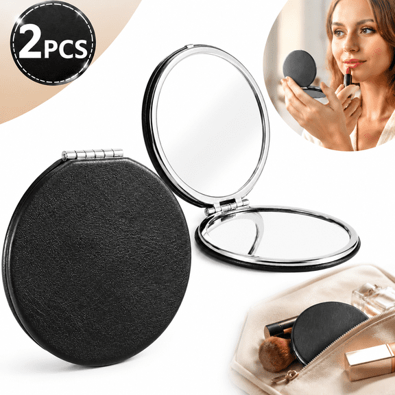 Emlimny 2 Pack Round Double-Sided Makeup Mirror, 1x & 3x Magnification Compact Mirror, Compact Travel Mirror for Purse, Handheld Cosmetic Mirror with PU Leather Case, 2.8 Inch Small Mirror