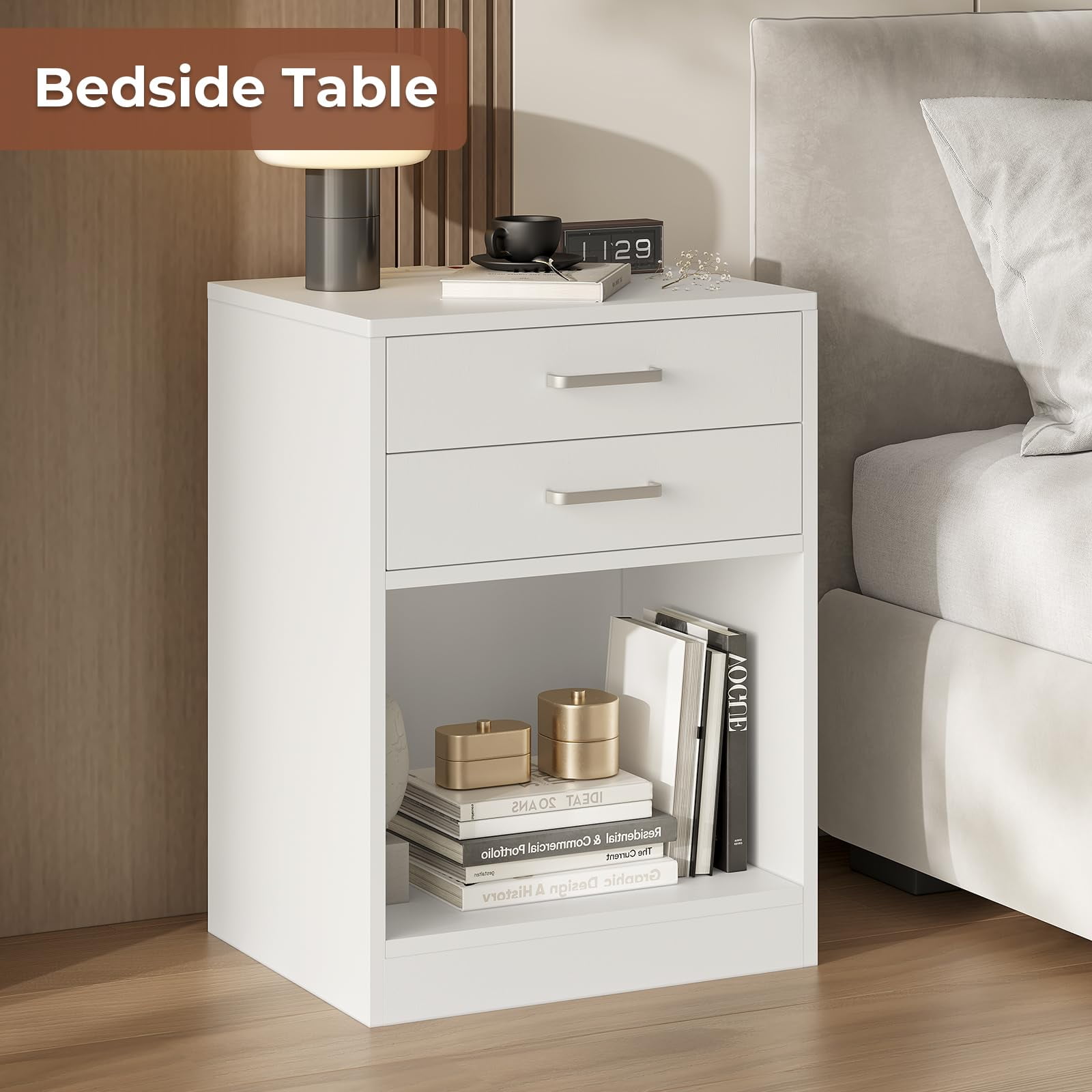 Afuhokles Nightstand Set of 2,White Bedside Table with Charging Station 2 Drawers
