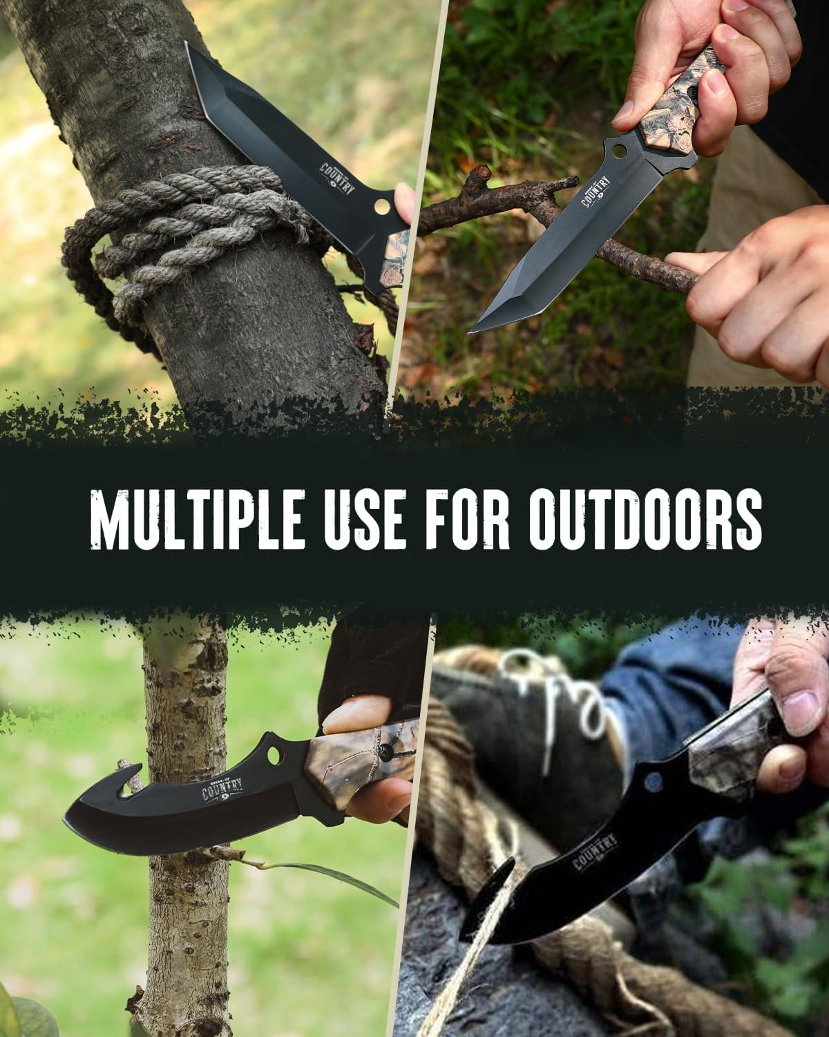 Fixed Blade Hunting Knife Set - 2 Piece, Full Tang Handle Straight Edge and Gut Hook Blades Game Processing Knife, Sheath Included - Yellow Camo