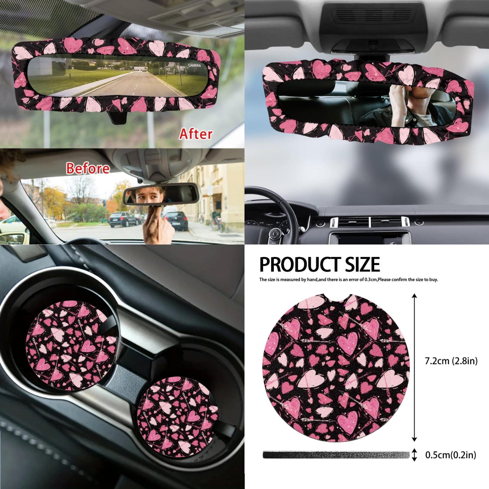 Jeiento Love Heart 14 PCS Car Seat Covers Set with Steering Wheel Cover Seat Belt Pads Garbage Bag Armrest Seat Box Cover Handbrake Cover Set Rear View Mirror Protector Coasters Auto Accessory