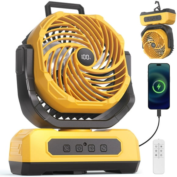 Ventilador portátil para acampar VOSFEEL de 3000 mAh con linterna RGB, color amarillo