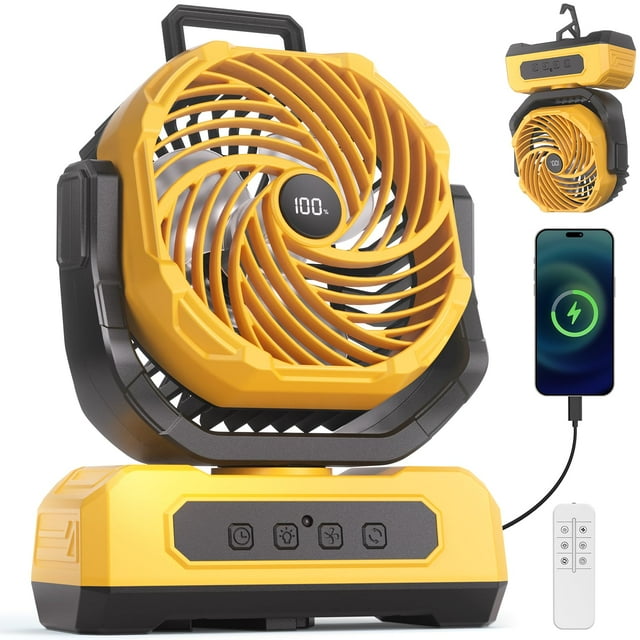 Ventilador portátil para acampar VOSFEEL de 3000 mAh con linterna RGB, color amarillo