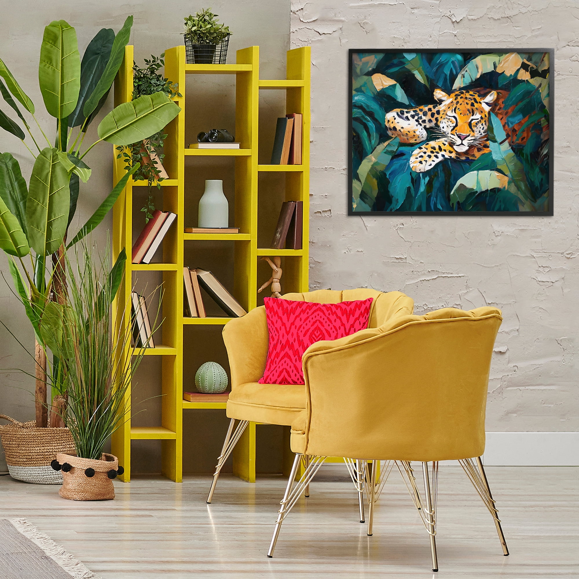 Stupell Industries Leopard Sleeping in Leaves Animals & Insects Painting Black Framed Art Print Wall Art, 30 x 24