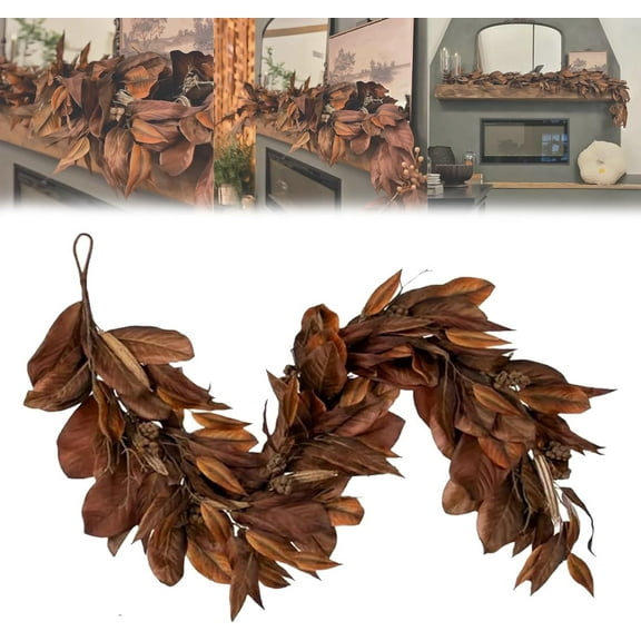 Guvpev Fall Garland, 6FT Artificial Magnolia Leaf Garland, Autumn Magnolia Leaves Garland with Pinecones, Realistic Magnolia Leaf Garland, for Fireplace Mantel, Fall Decorations, Indoor Home Decor