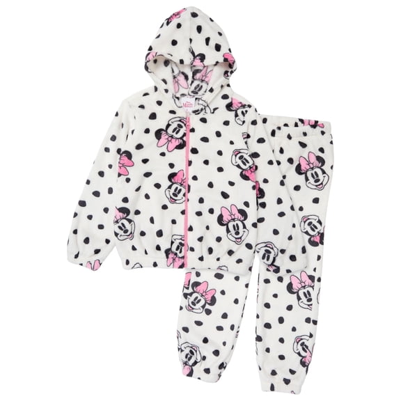 Disney Minnie Mouse Toddler Girls’ Sherpa Outfit Set - Two Piece Fuzzy Zip-Up Hoodie Jacket & Jogger Pants with Allover Print (Ivory, 4T)