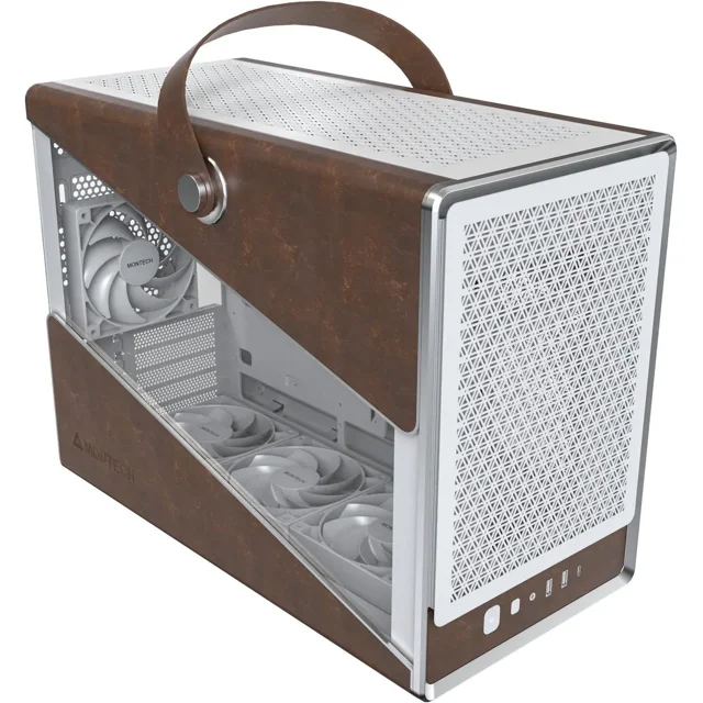 Montech Heritage White computer case with a white steel frame, leather accents, and tempered glass panels. Designed for Micro ATX and Mini ITX motherboards, this midi-tower case features a perforated front panel with a geometric pattern, multiple cooling fans, and a leather carrying handle. Suitable for compact PC builds and integrating into entertainment or media storage setups.