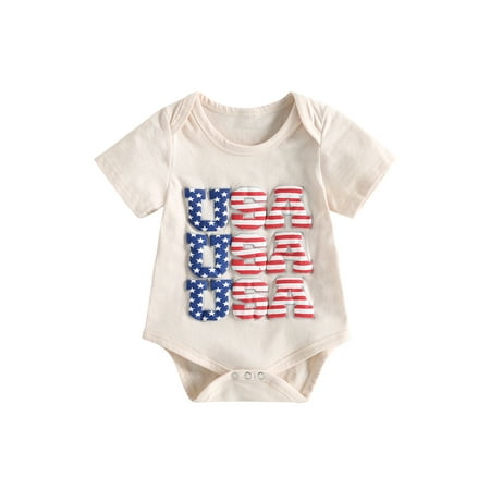 

4th of July Baby Boys Girls T-shirt/Romper Short Sleeve Crew Neck Stars Stripes Letters Print Summer Tops/Bodysuit