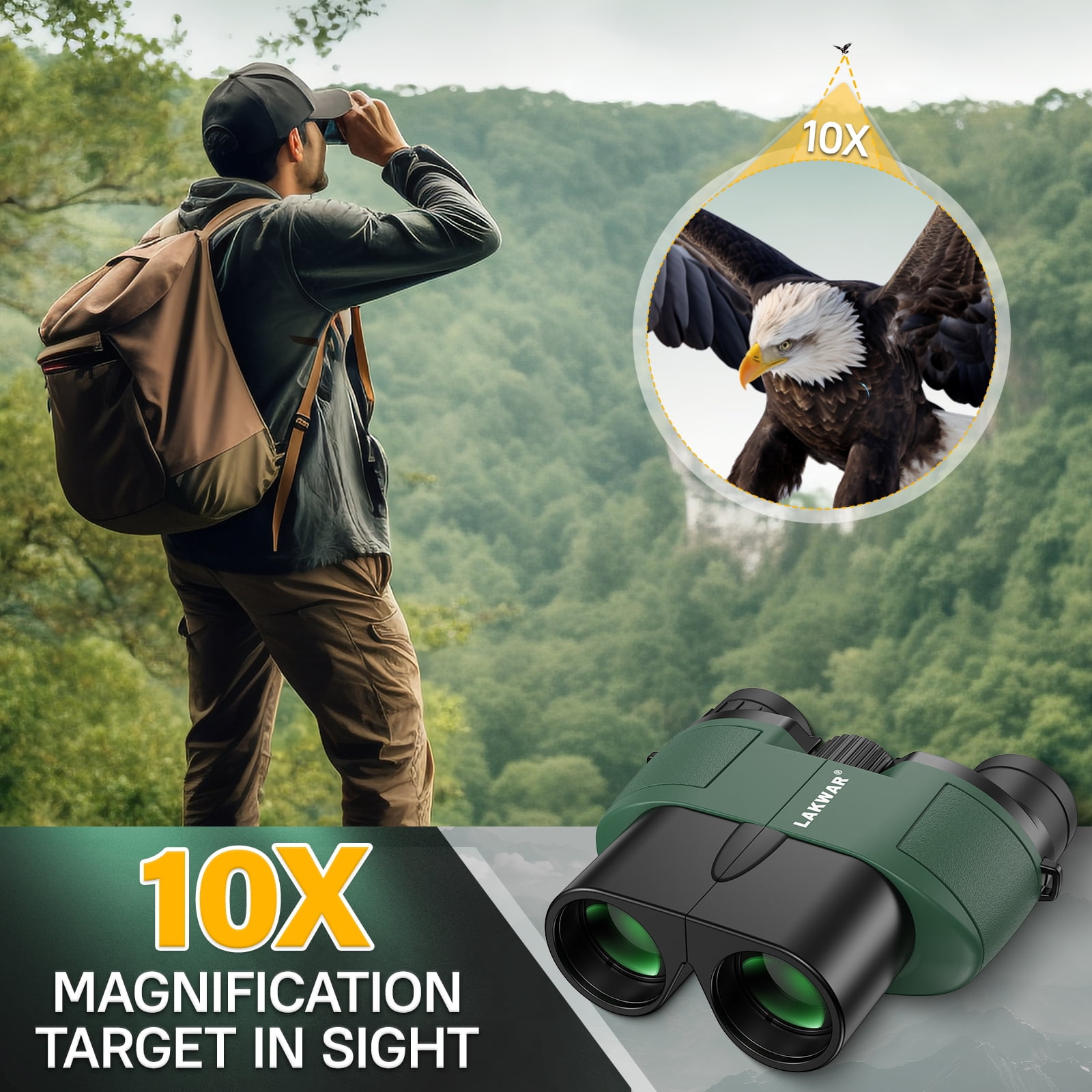 LAKWAR 10x25 Compact Binoculars for Adults and Kids，Small Portable Binoculars Lightweight for Bird Watching Hunting-Green