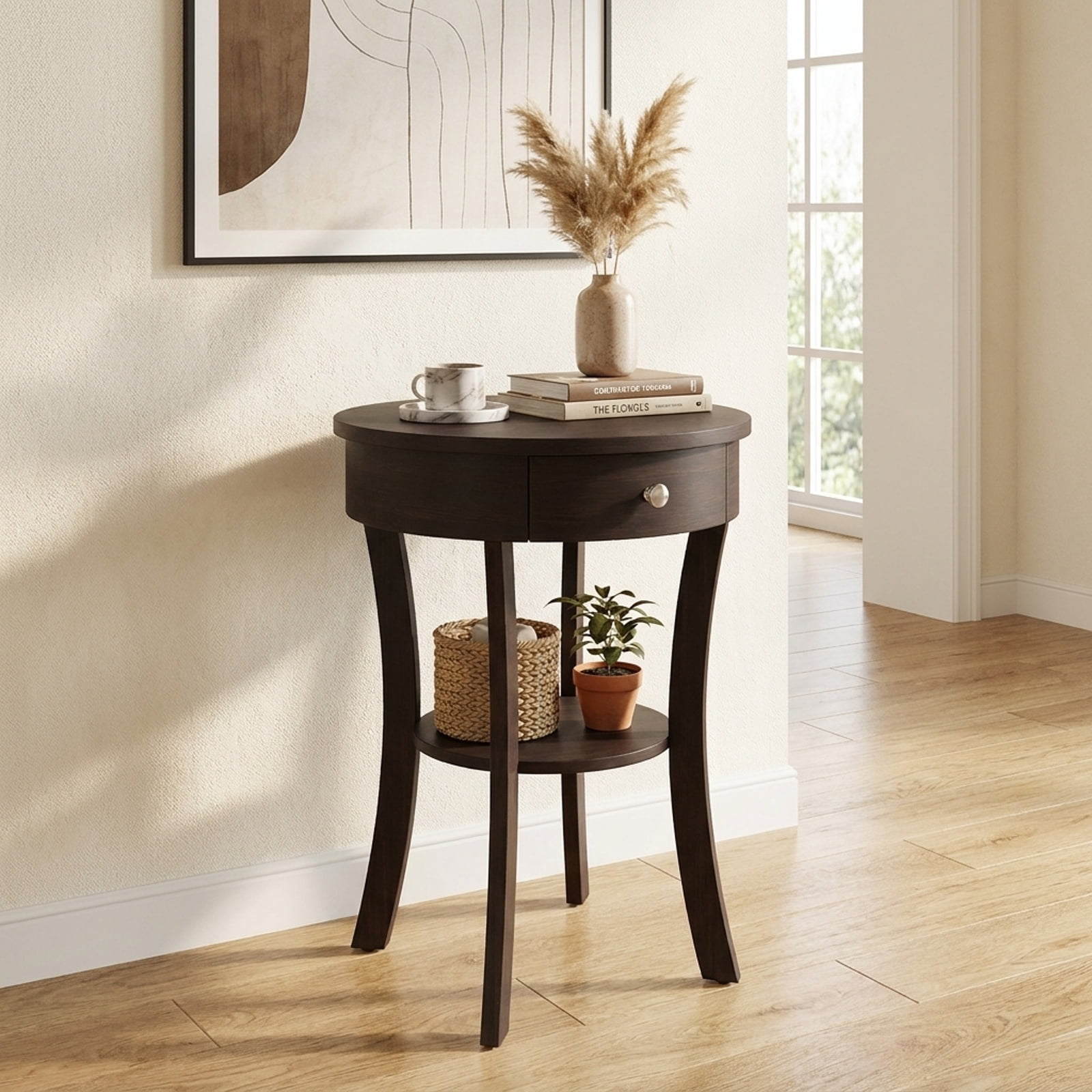 Furnibear 2 Tier Round End Table with Open Drawer and Storage Shelf for Living Room Bedroom and Bedside Accent Space, Black