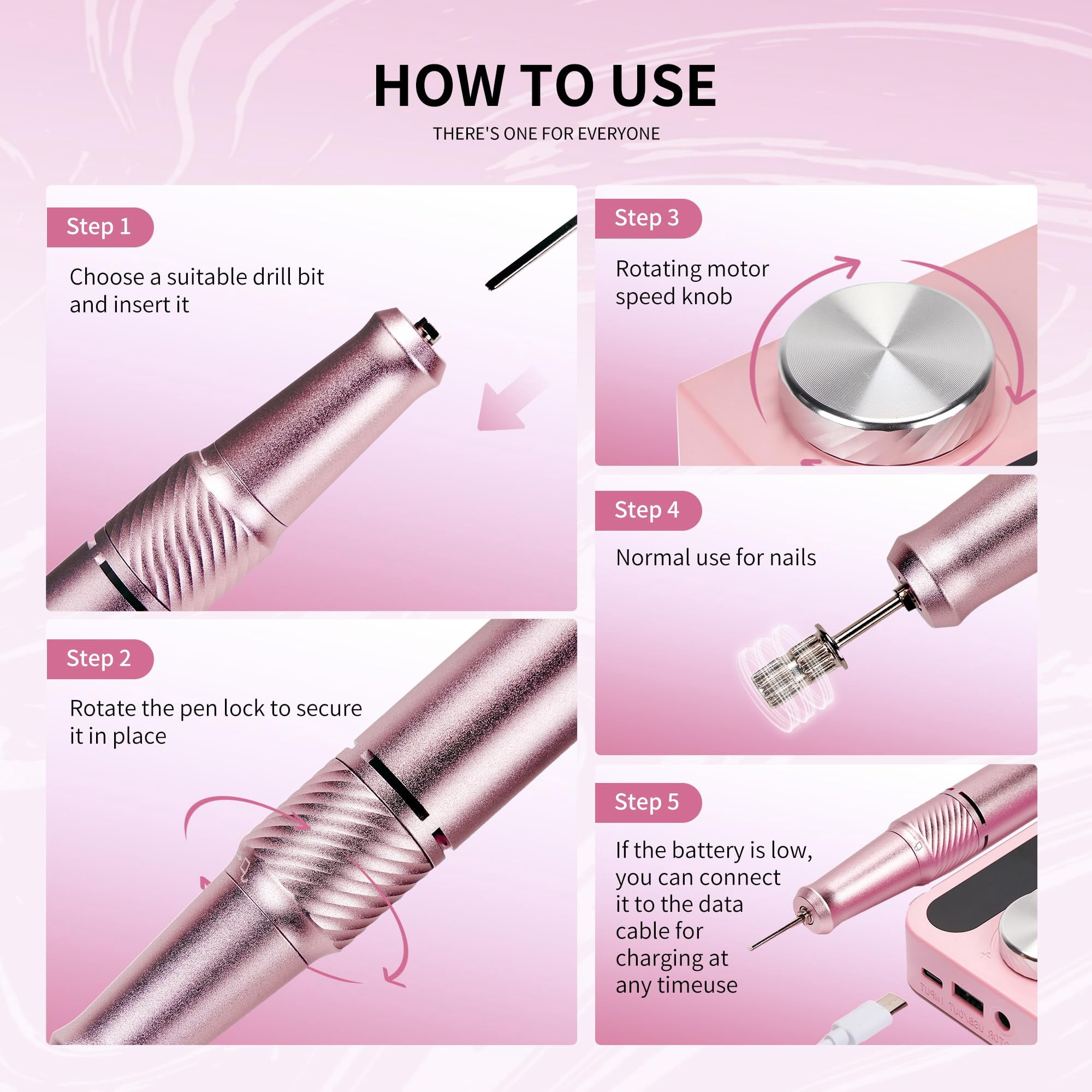 Professional Electric Nail Drill File,Cordless Portable Nail Drill 45000 RPM, Rechargeable Nail Drill Machine for Acrylic Nails Gel Polishing,Nail Kit for Manicure Salon Home(Pink)