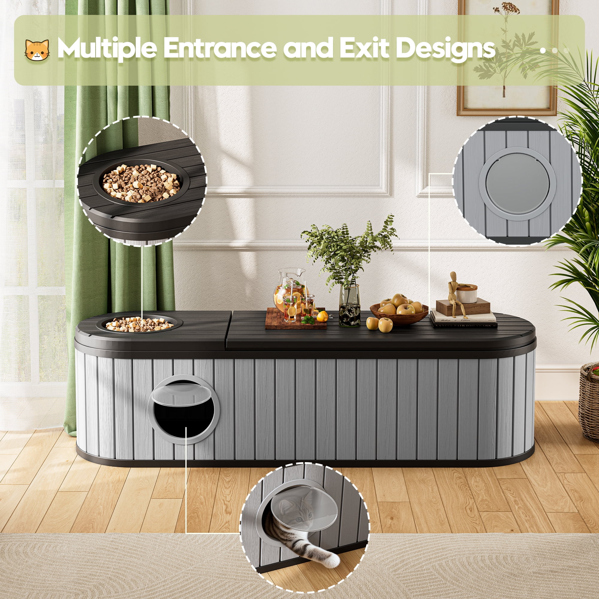 Bifanuo Cat Litter Box Enclosure,Hidden Litter Box Furniture with Round Lift-Up Door, Multi-Functional Cat Cabinet for Living Room and Bedroom,Gray