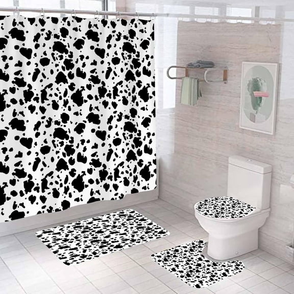 4PCS Cow Print Shower Curtain Sets with Rugs, Waterproof Fabric Black and White Shower Curtain, Funny Farm Animal Bull Cattle Skin Cowhide Country Rustic Farmhouse Bathroom Decor, Cow Decor