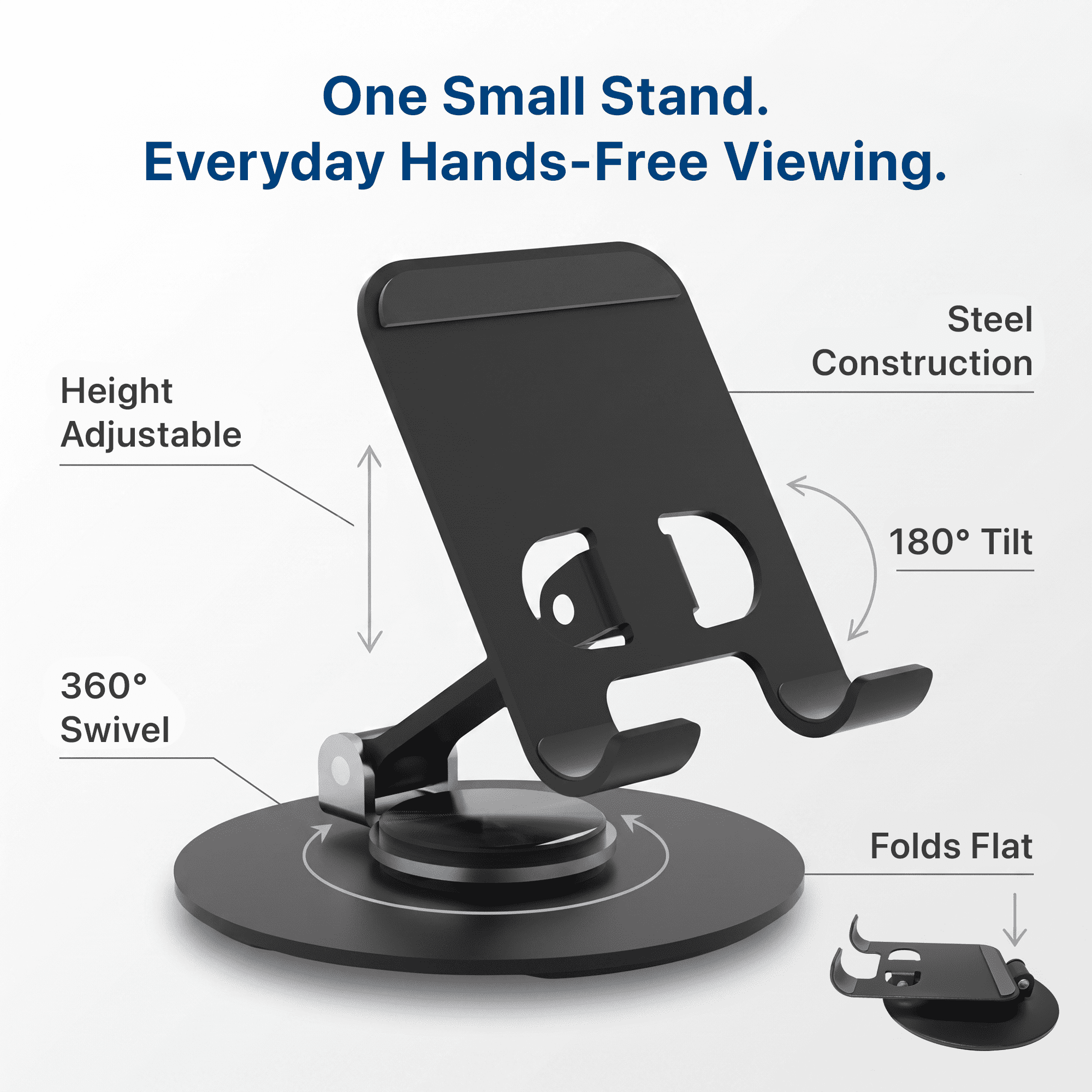 Uncaged Ergonomics 360° Swivel Phone Stand for Desk, All-Metal Height Adjustable, 180° Tilt Foldable Holder for Phones and Small Tablets, Black