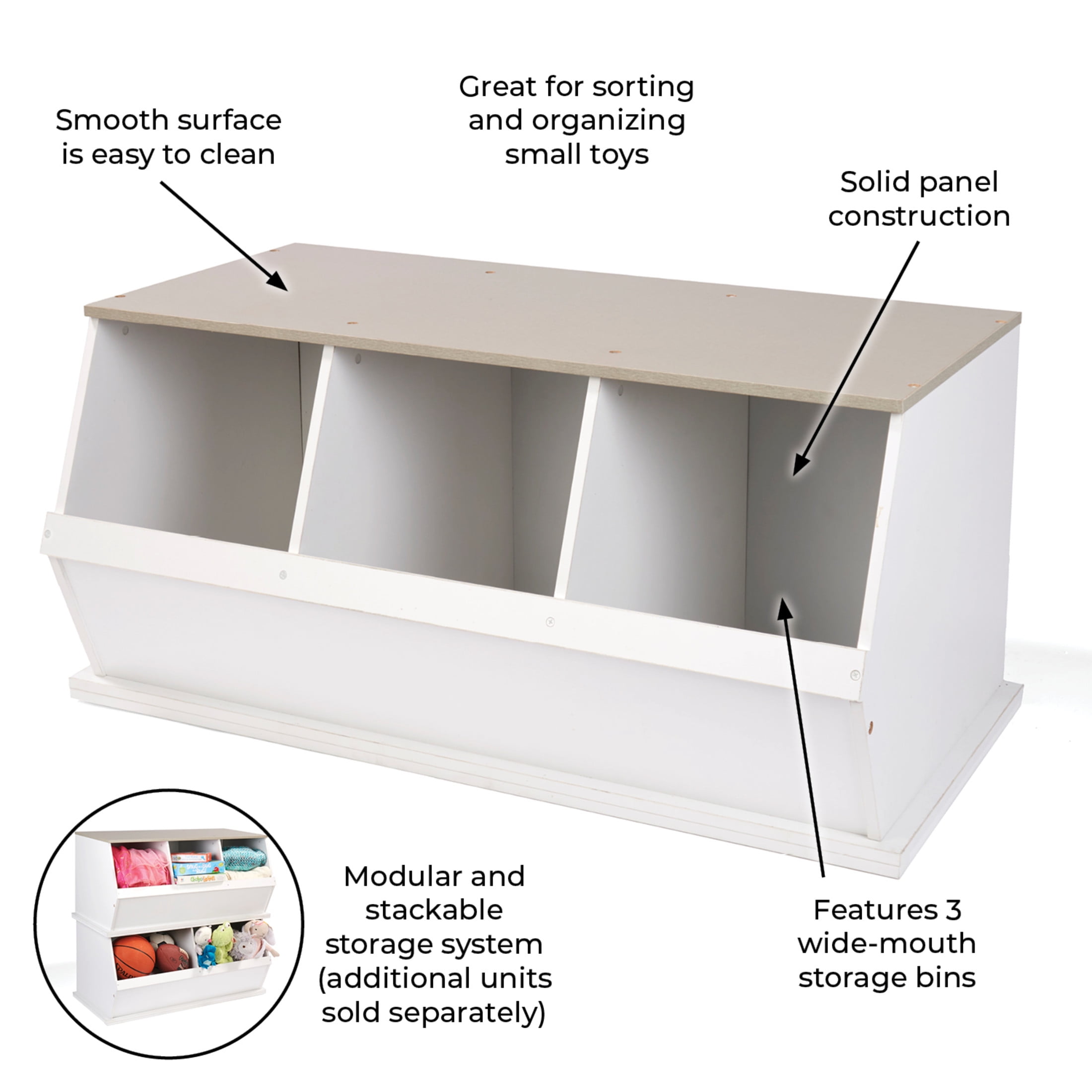 Badger Basket Children's Stackable Wooden 3-Bin 33 gal Toy Storage Cube, White & Gray