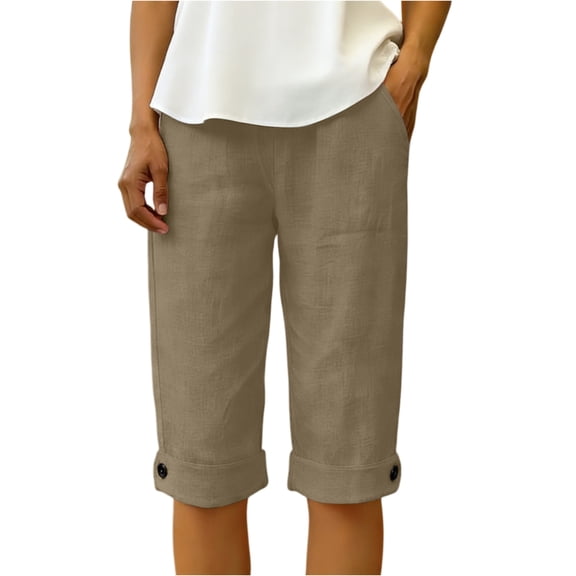 Bermuda Shorts for Women Knee Length Cotton Linen Elastic Waist Drawstring Shorts Summer Capris Pants with Pockets Khaki M