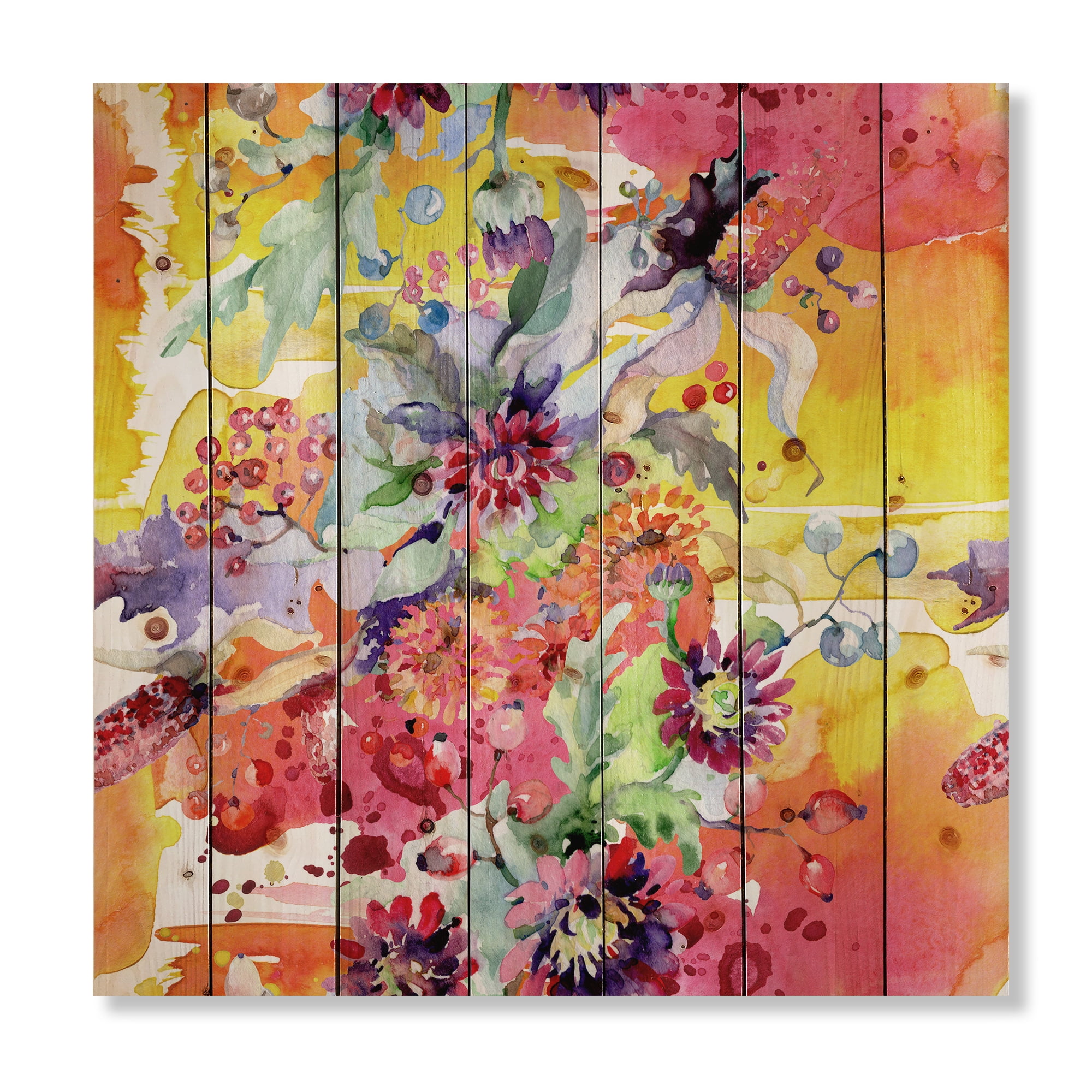 Designart 'Wildflowers and Vibrant Wild Spring Leaves' Modern Print on Natural Pine Wood